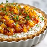 No-bake savory cheesecake tart served with peach and thyme salsa