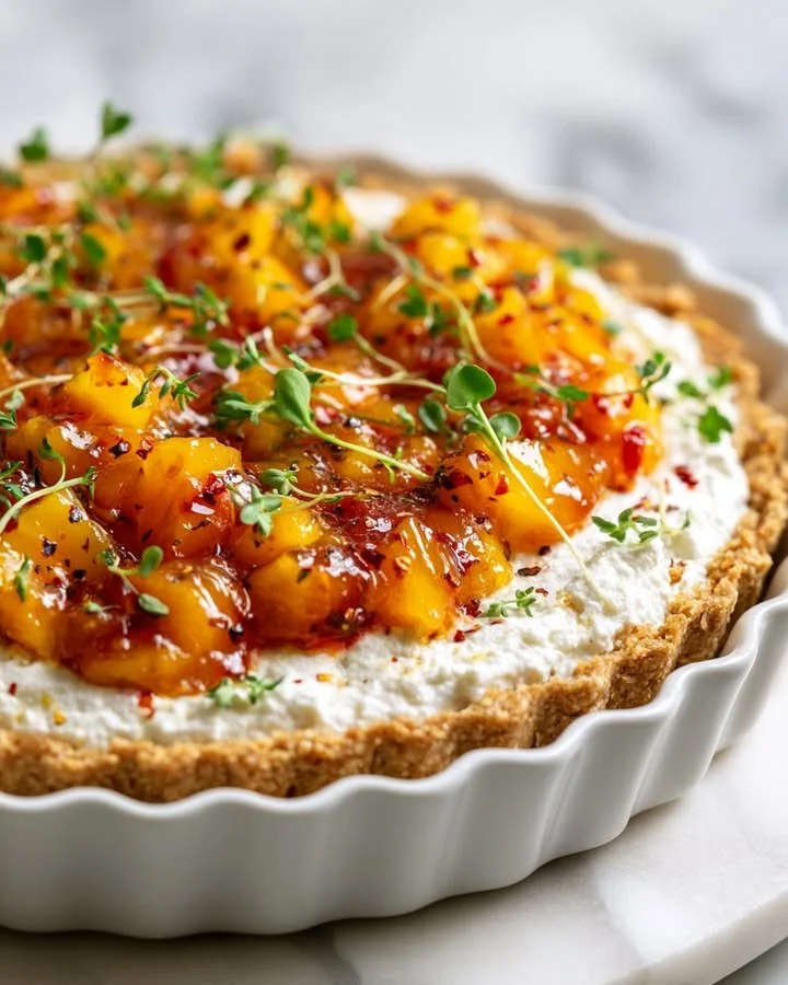 No-bake savory cheesecake tart served with peach and thyme salsa