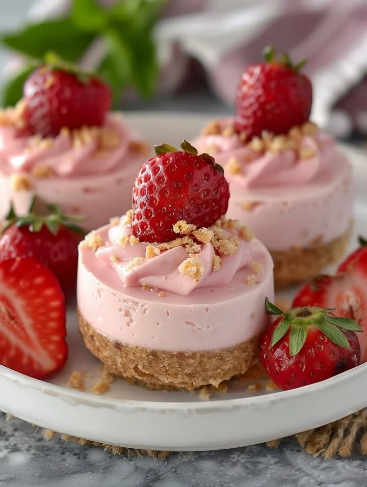 No-bake strawberry banana cheesecake bites topped with fresh strawberries