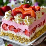 Slice of no-bake strawberry crunch cake with fresh strawberries and crunch topping