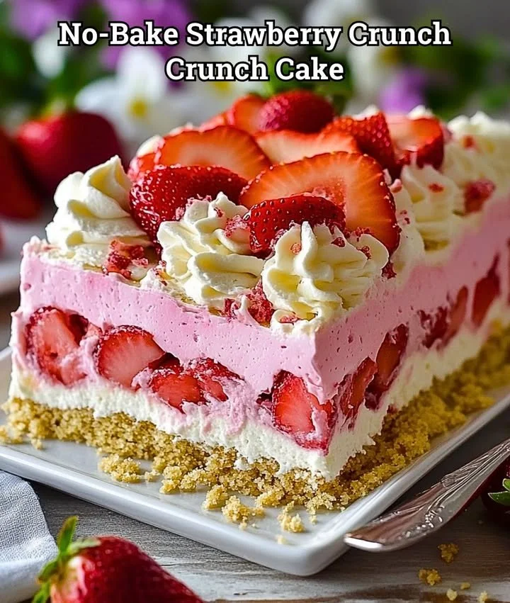 Slice of no-bake strawberry crunch cake with fresh strawberries and crunch topping