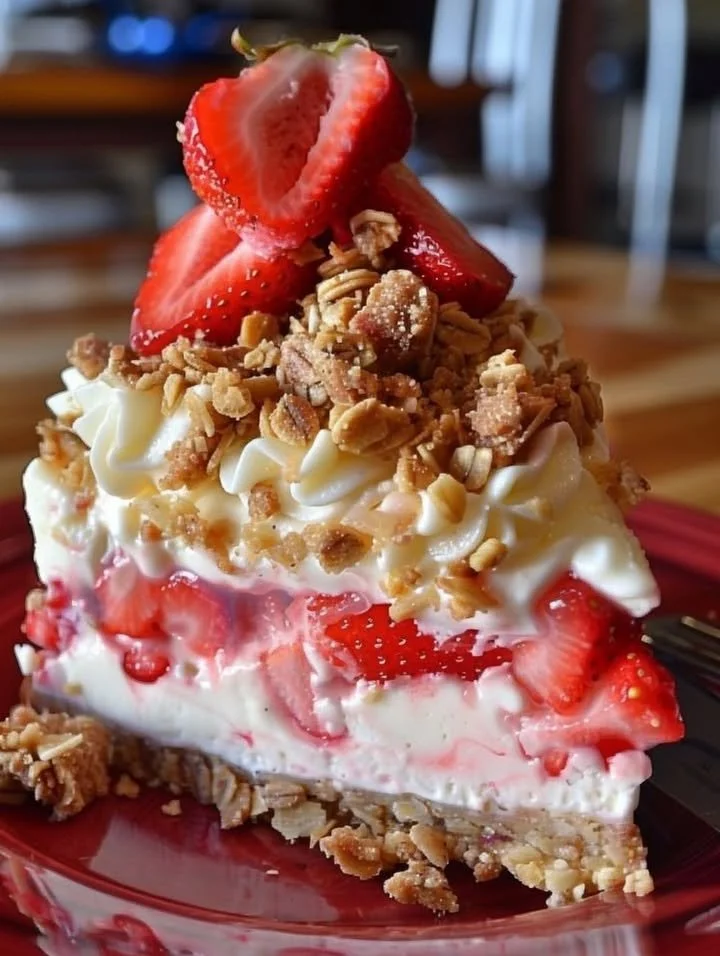 No-Bake Strawberry Crunch Cake decorated with fresh strawberries and crunch topping