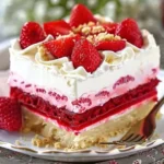No-bake strawberry jello lasagna layered dessert with strawberries and cream