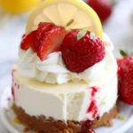 Delicious no-bake strawberry lemon cheesecake served on a dessert plate