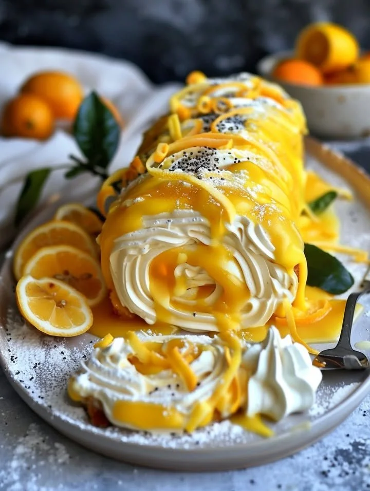 No-Bake Velvet Lemon Cream Roll Cake with lemon cream filling