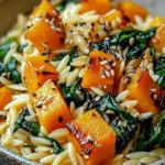 Orzo pasta dish with roasted butternut squash and spinach served in a bowl
