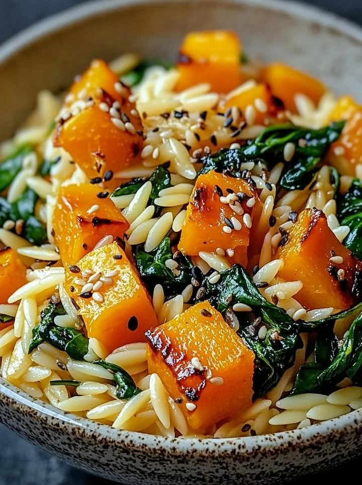 Orzo pasta dish with roasted butternut squash and spinach served in a bowl