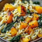 Bowl of orzo with roasted butternut squash and fresh spinach
