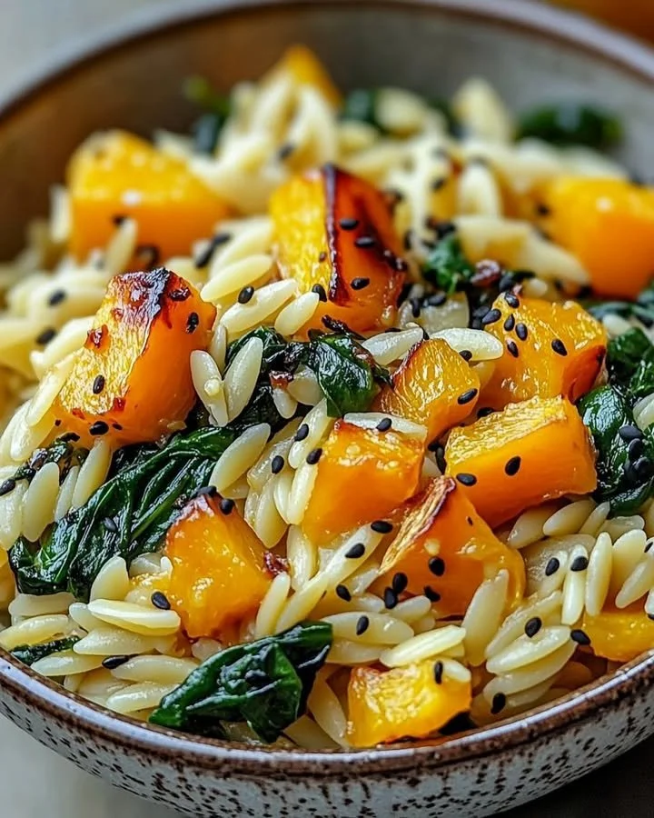 Bowl of orzo with roasted butternut squash and fresh spinach