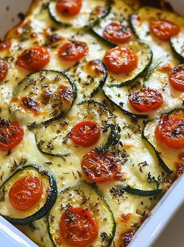 Oven baked zucchini and cheese dish served on a plate