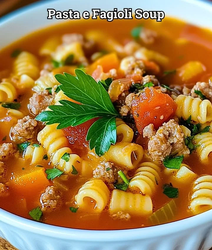 Bowl of Pasta and Beans Soup garnished with fresh herbs