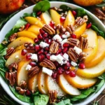 Pear and pomegranate spinach salad topped with maple-lemon mustard dressing