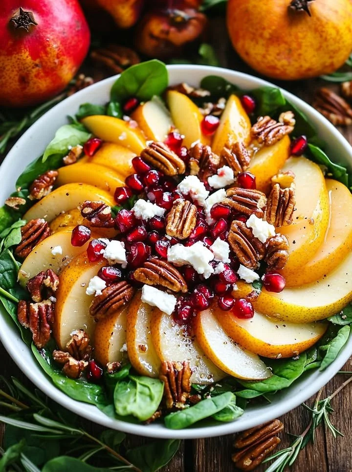 Pear and pomegranate spinach salad topped with maple-lemon mustard dressing