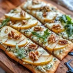 Pear, Gorgonzola, and Walnut Flatbread topped with fresh ingredients