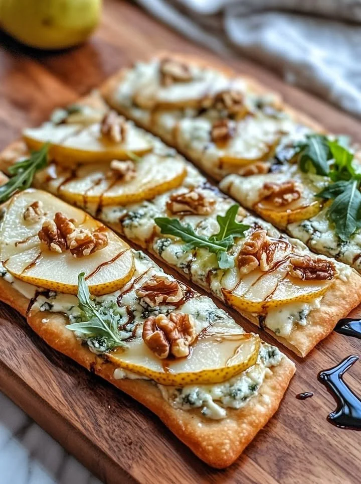 Pear, Gorgonzola, and Walnut Flatbread topped with fresh ingredients