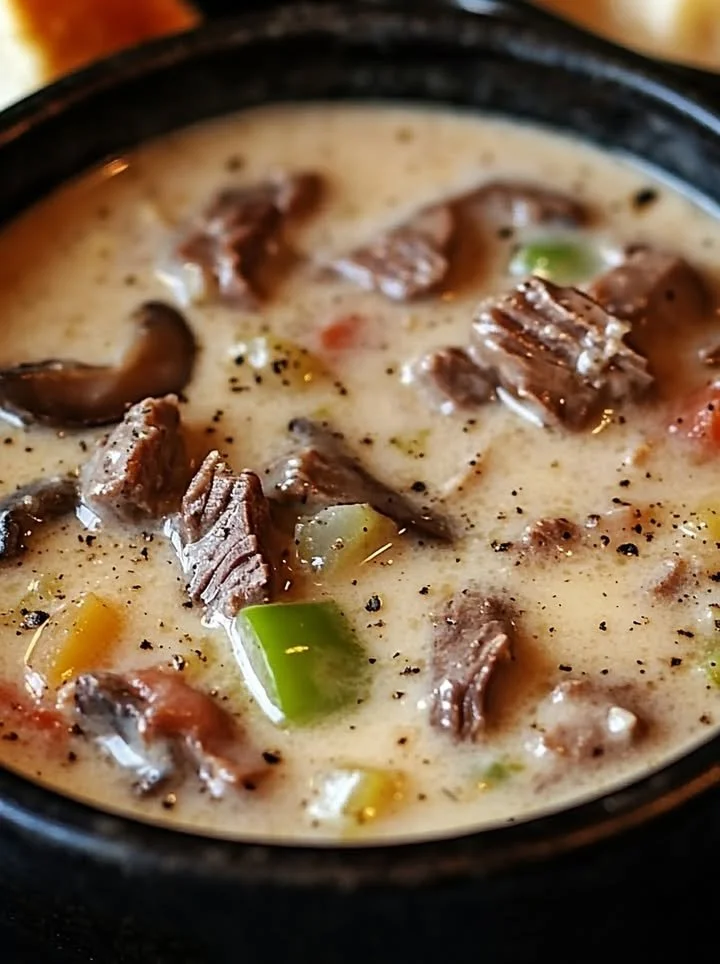 Delicious bowl of Philly cheese steak soup topped with melted cheese and herbs