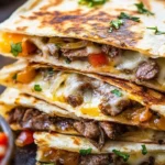 Philly cheesesteak quesadilla with melted cheese and steak filling