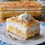 Delicious Pineapple Coconut Dream Cake with layers of coconut and pineapple.