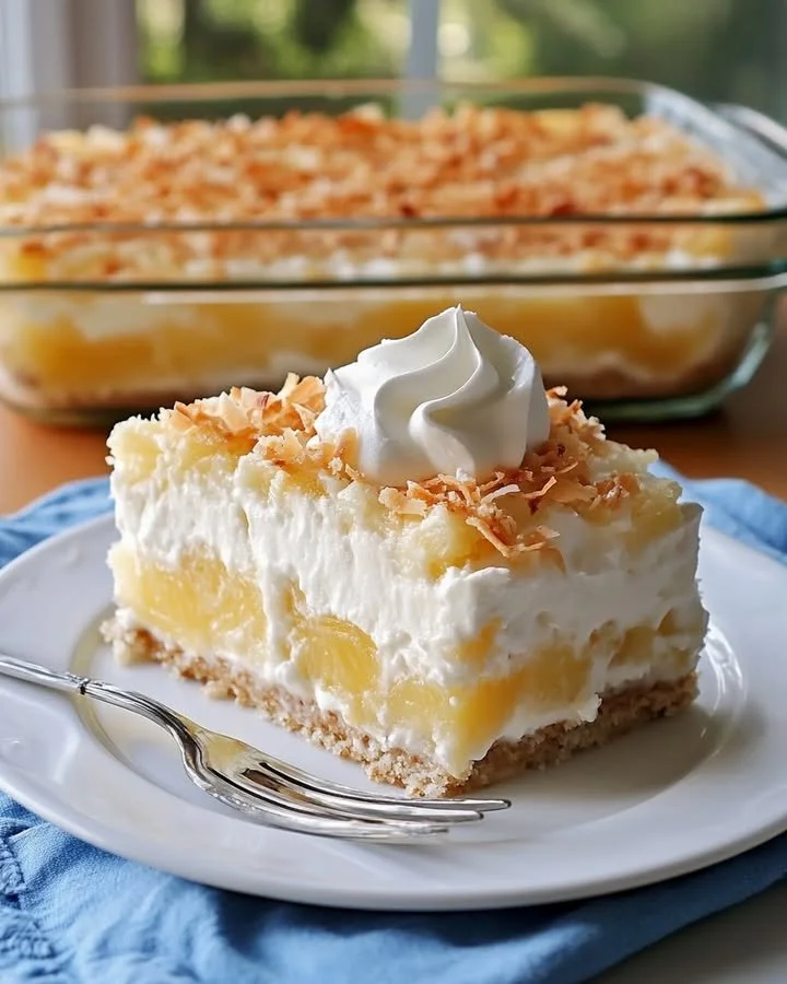 Delicious Pineapple Coconut Dream Cake with layers of coconut and pineapple.