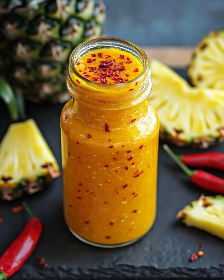 Bottles of Pineapple Habanero hot sauce showcasing their vibrant colors and ingredients