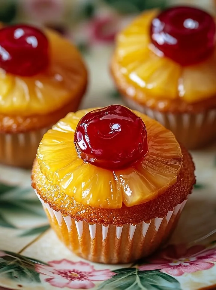 Delicious pineapple upside down cupcakes topped with caramelized pineapple slices