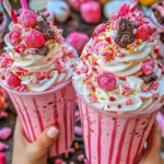 Delicious Pink Candy Freakshake topped with colorful candies and whipped cream
