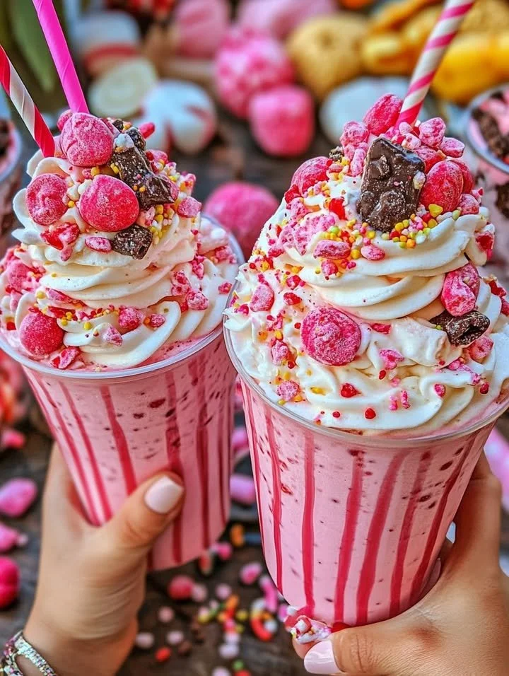 Delicious Pink Candy Freakshake topped with colorful candies and whipped cream