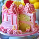 Deliciously vibrant Pink Lemonade Cake with citrus frosting and decorations