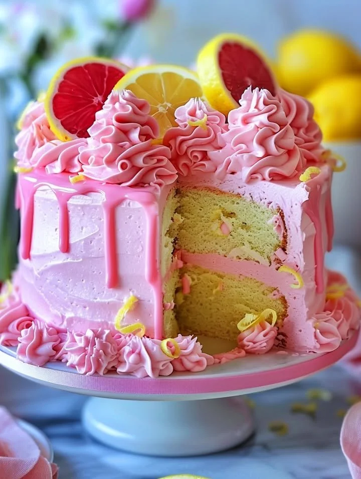 Deliciously vibrant Pink Lemonade Cake with citrus frosting and decorations