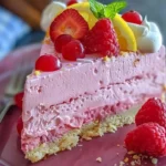 Slice of pink lemonade cake topped with lemon frosting and garnished with lemon slices