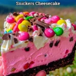 No-bake cheesecake topped with M&M and Snickers in a pink paradise theme