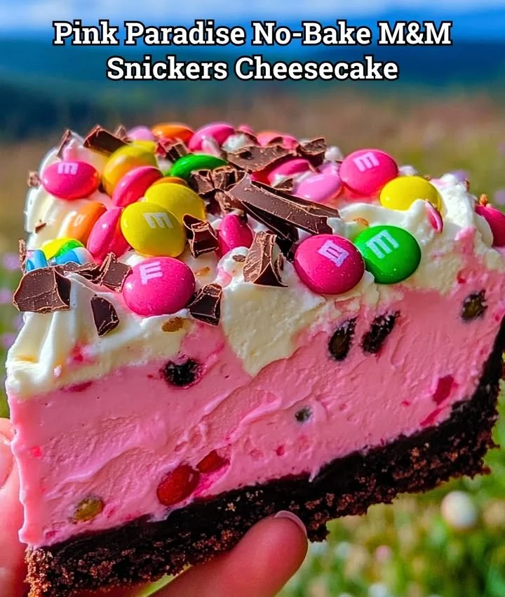 No-bake cheesecake topped with M&M and Snickers in a pink paradise theme