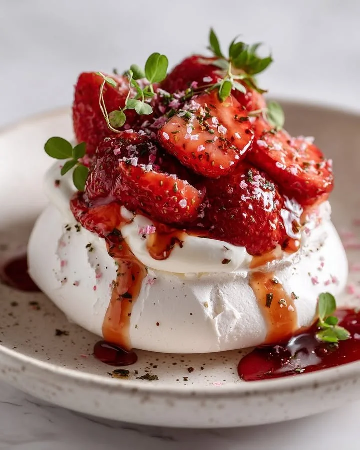 Pink Pepper Pavlova with roasted strawberry balsamic glaze on a white plate