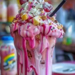 A vibrant pink unicorn freakshake topped with colorful sprinkles and whipped cream.