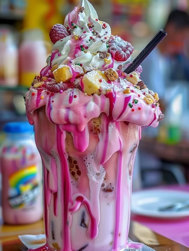 A vibrant pink unicorn freakshake topped with colorful sprinkles and whipped cream.