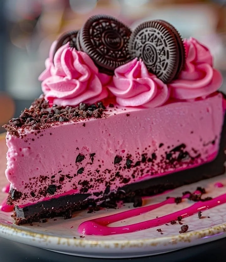 A slice of Pink Velvet Oreo Cheesecake topped with crushed Oreos and pink frosting.