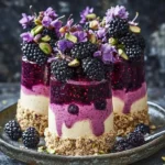 Delicious pistachio blackberry cheesecake towers beautifully arranged on a plate