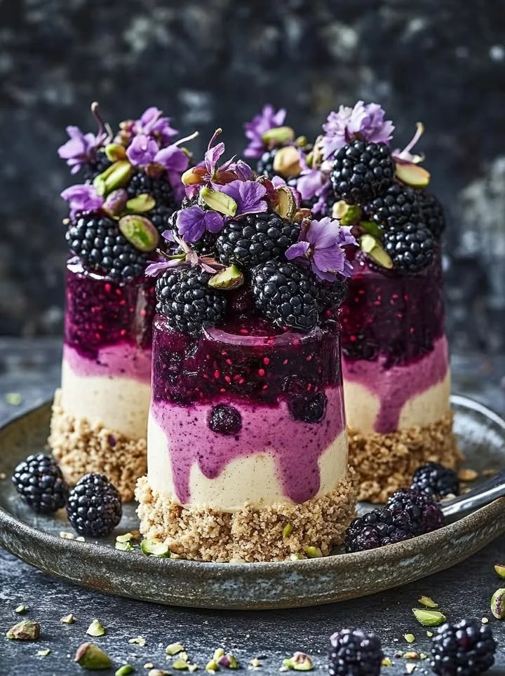 Delicious pistachio blackberry cheesecake towers beautifully arranged on a plate