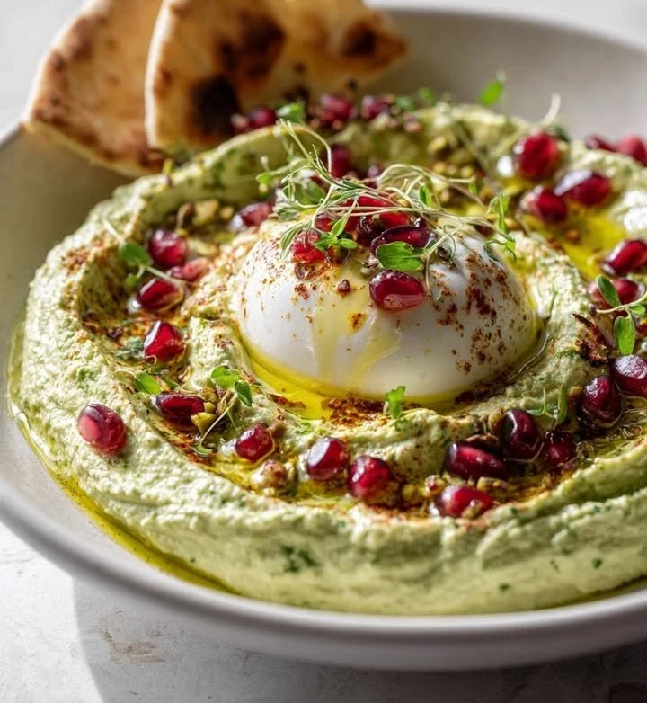 Pistachio Cloud Burrata Platter with vibrant Pomegranate Jewels