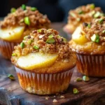 Pistachio muffins topped with caramelized pears for a delicious dessert