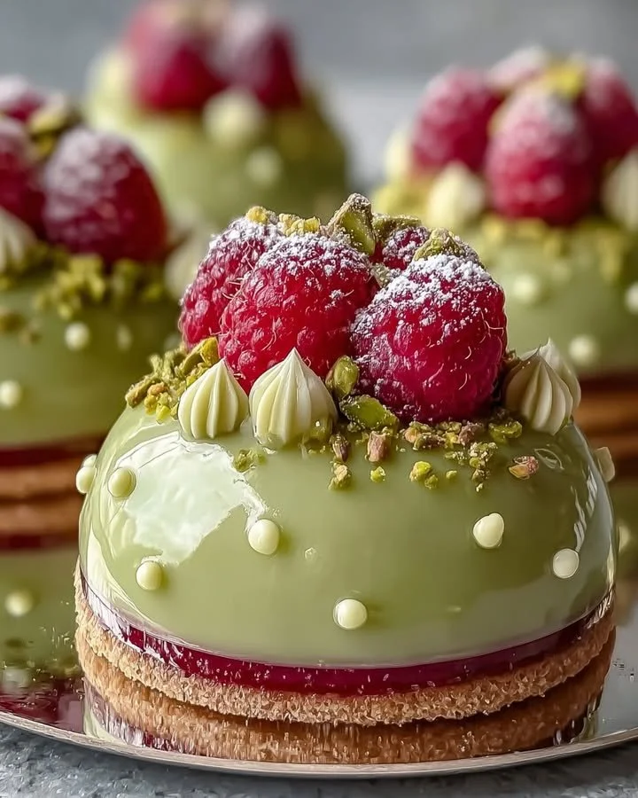 Pistachio and Raspberry Cheesecake Domes on a decorative plate