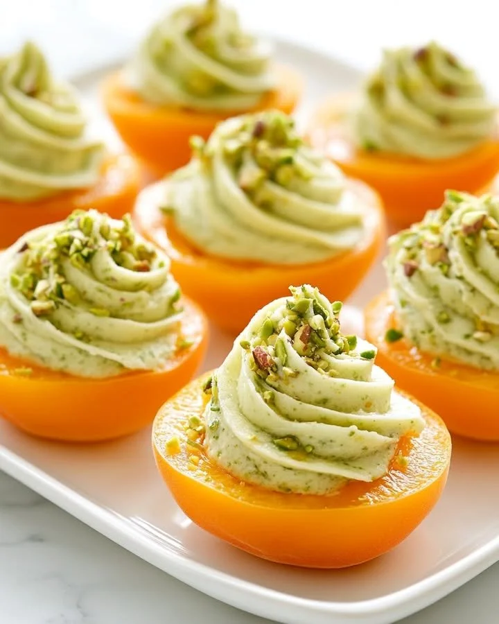 Pistachio Semifreddo served in frozen apricot cups