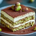 Delicious pistachio tiramisu dessert layered with creamy mascarpone and topped with crushed pistachios.