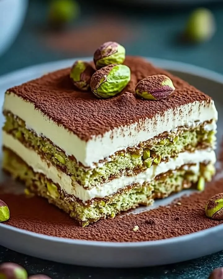 Delicious pistachio tiramisu dessert layered with creamy mascarpone and topped with crushed pistachios.