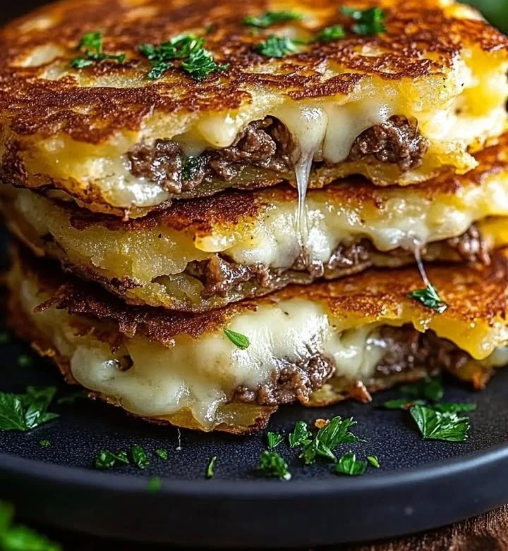 Potato pancakes topped with savory beef and melted cheese on a plate.