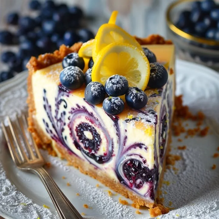 A slice of Princess Lemon Blueberry Cheesecake garnished with fresh blueberries.