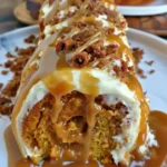 Pumpkin Caramel Spice Cake Roll with Cinnamon Glaze on a decorative plate