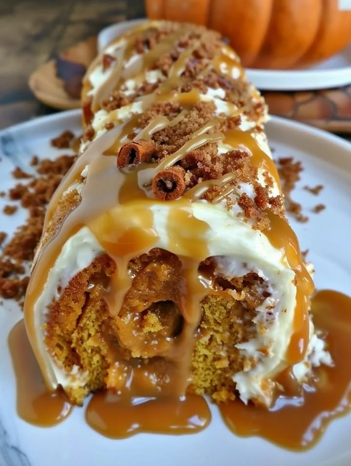 Pumpkin Caramel Spice Cake Roll with Cinnamon Glaze on a decorative plate