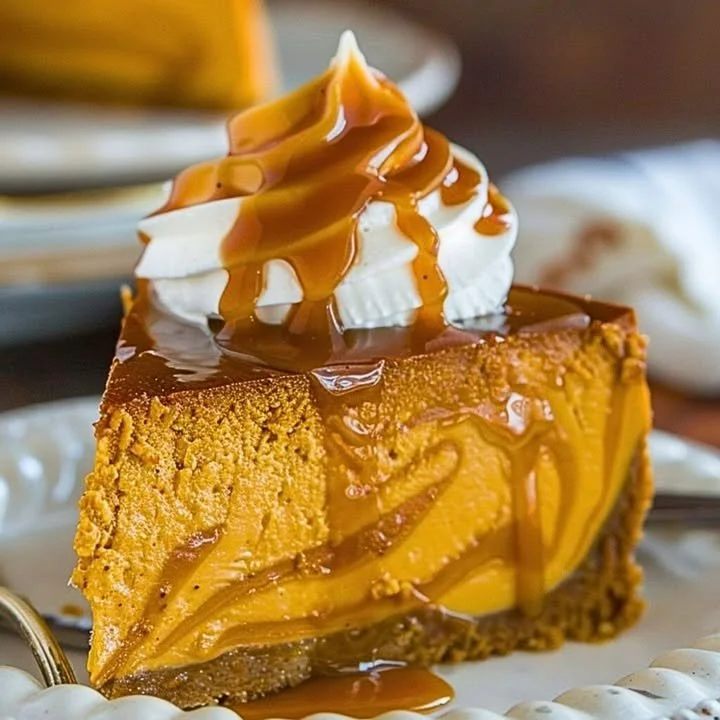 Delicious Pumpkin Caramel Cheesecake with caramel swirl on a dessert plate