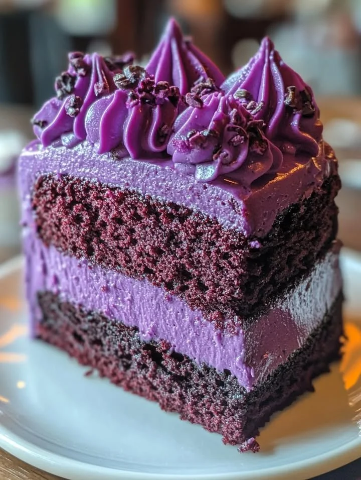 A beautifully decorated Purple Velvet Cake with creamy frosting.